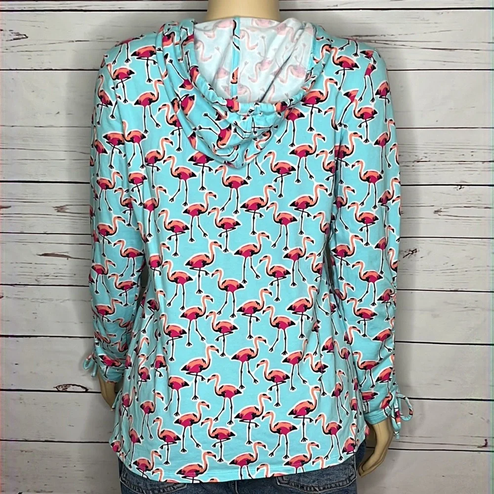 Crown & Ivy turquoise flamingo hooded pullover top size M - Picture 3 of 6